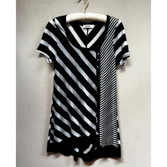 Deca Womens Scoop Neck Asymmetric Striped Shift Dress Size 1 Black Short Sleeve - Picture 1 of 8